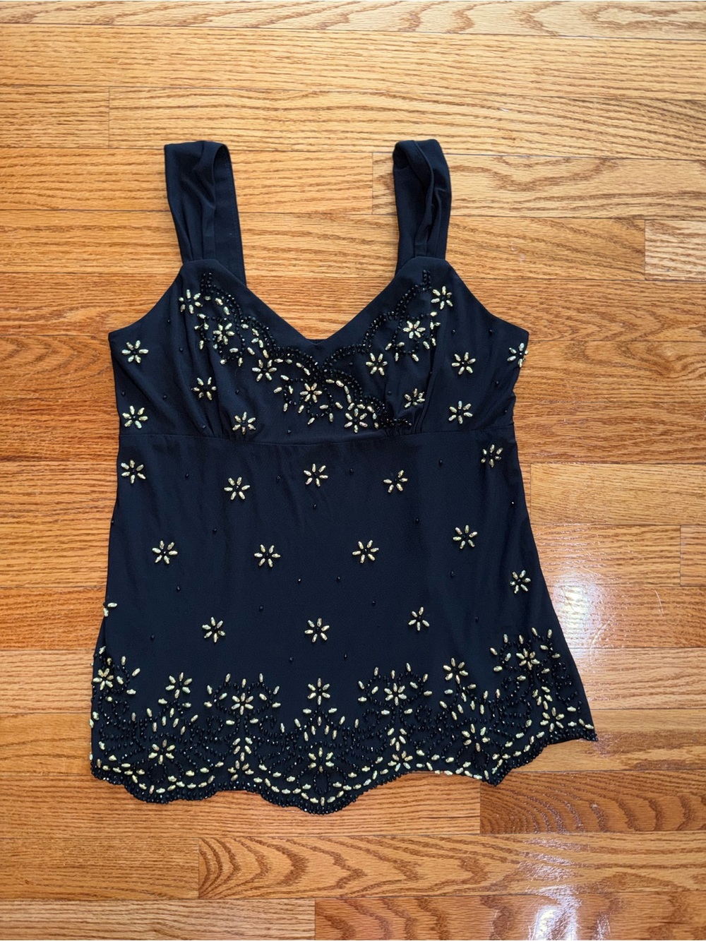 dressbarn Black Sleeveless Embellished Tank with Gold Accents
